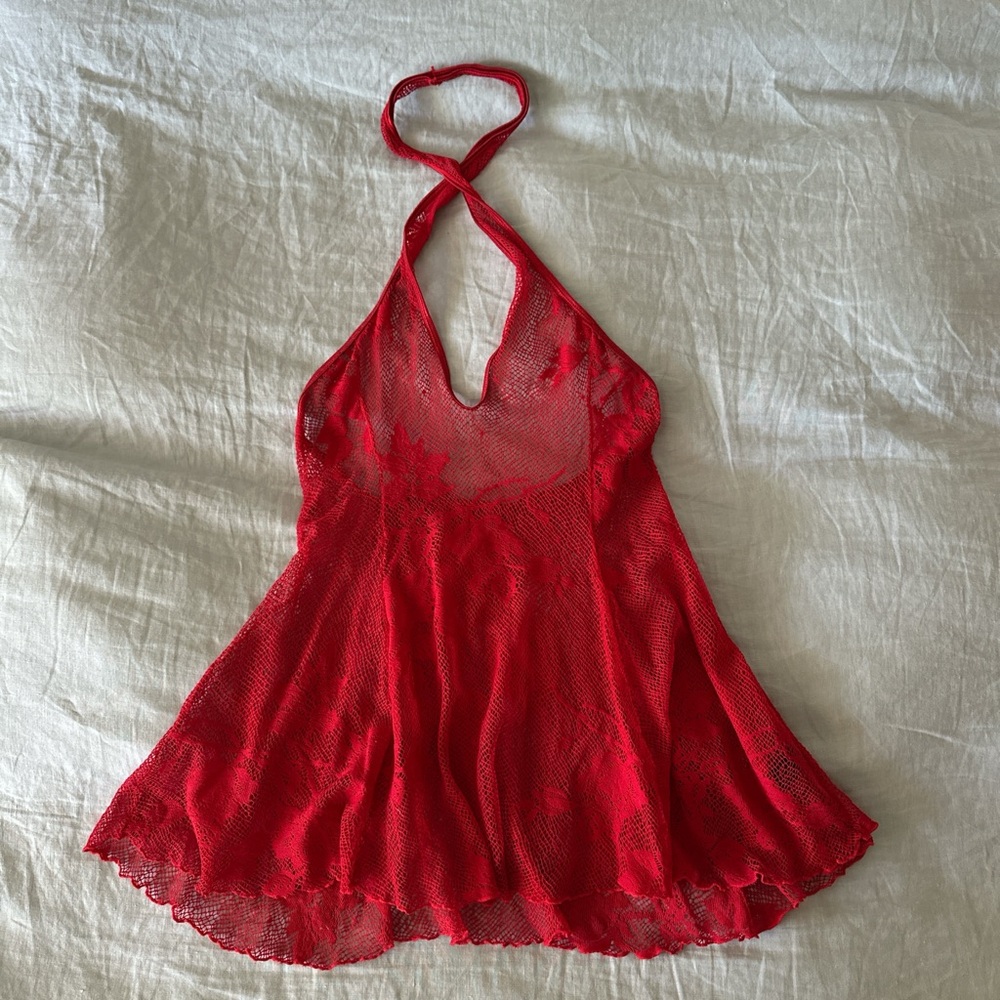 Frederick’s of Hollywood red rose mesh halter mini dress